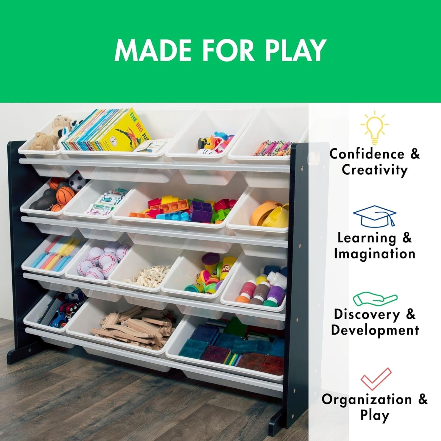 Supersized Toy Storage Organizer with 16 Removable Bins, Black/White – Large Toy Storage for Toddlers Ideal for Kids' Rooms, Playrooms, and Nurseries - Modern Toy Bins for Kids