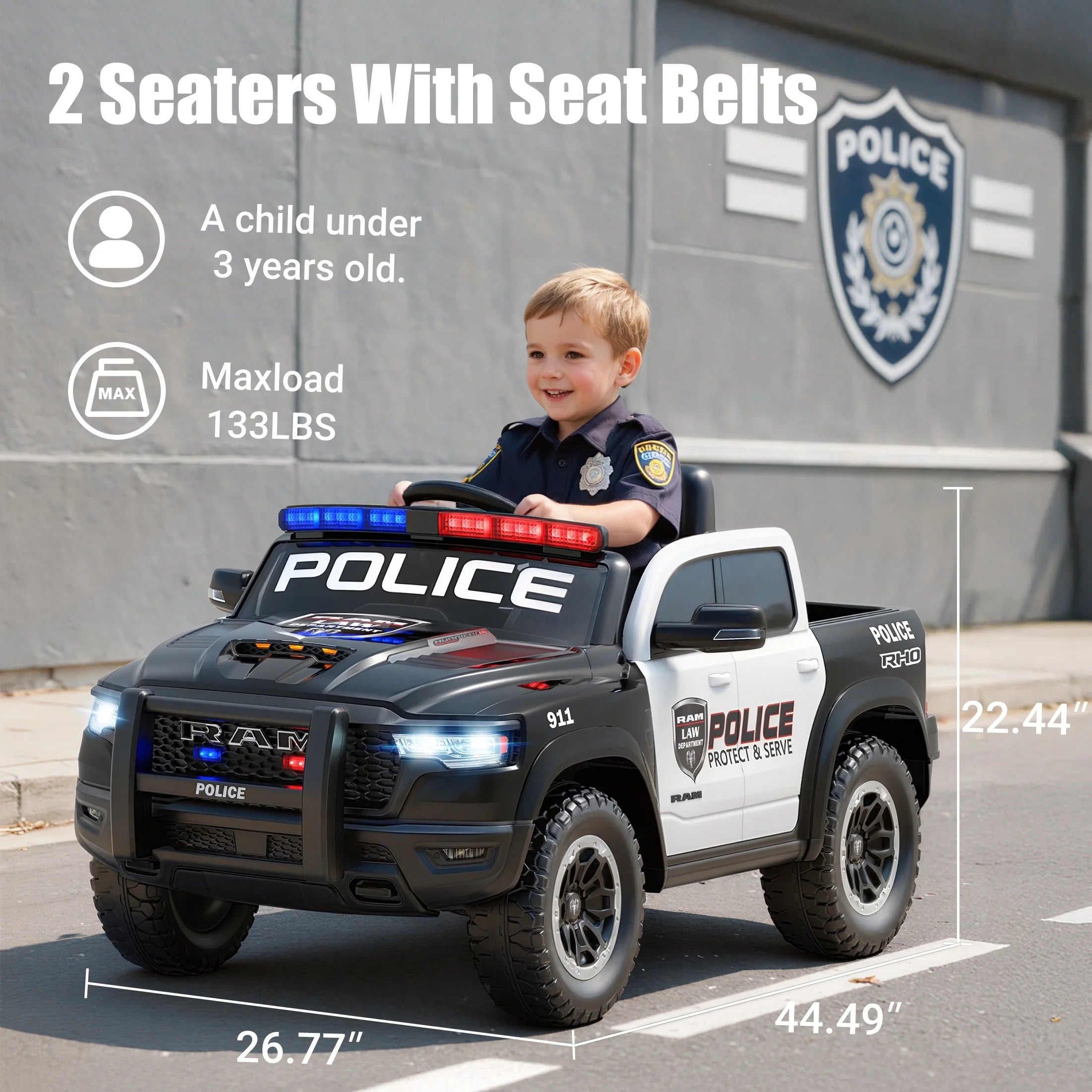 RAM 1500 Ride on Truck Cars, 12V Powered Ride on Toys with Remote Control, 4 Wheel Suspension Electric Cars for 3-5 Yrs Boy Girl W/Key Switch, Safety Belt, Music, Bluetooth, LED, Black Police Truck