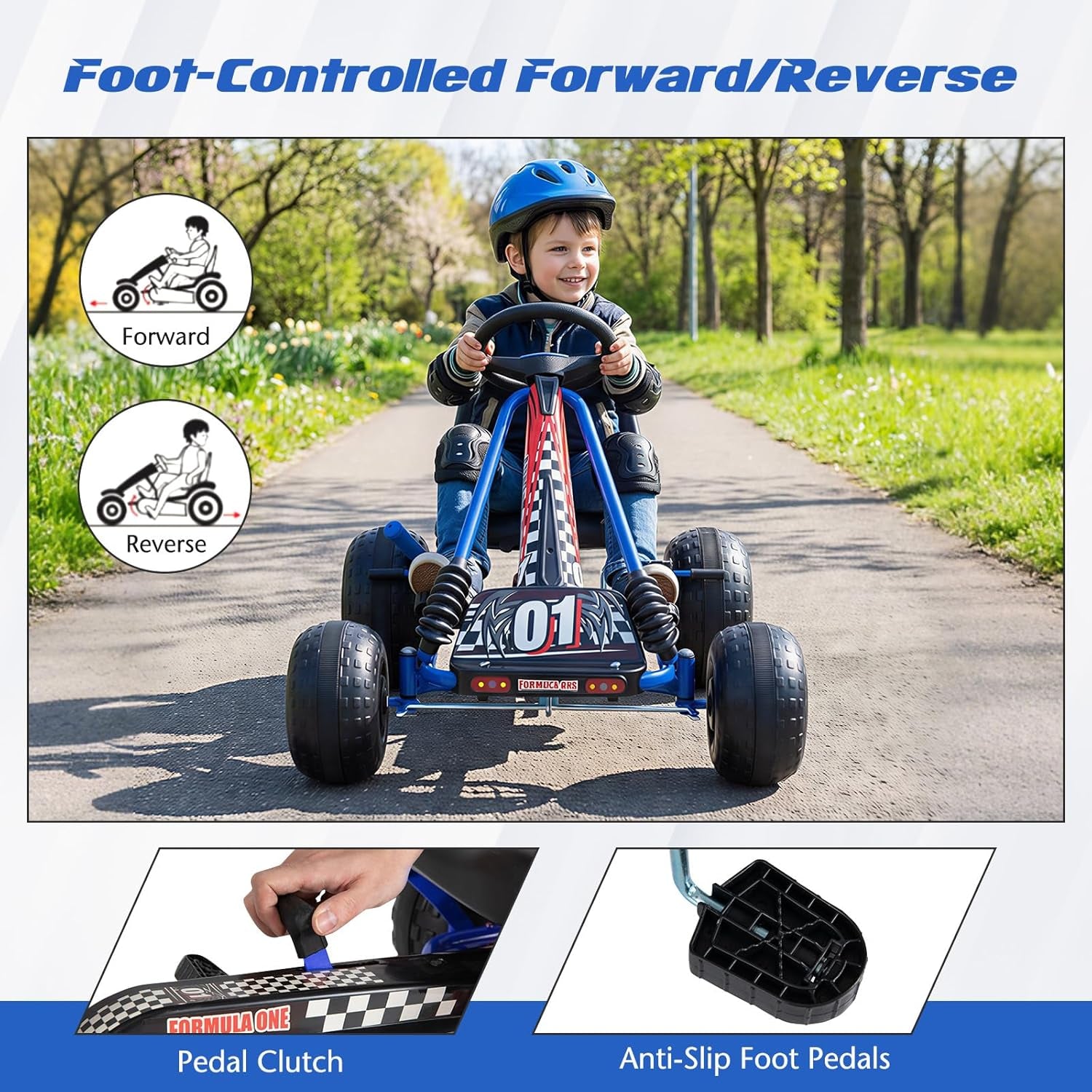 Pedal Go Kart, 4 Wheeler Toddler Racing Ride on Pedal Car Toy, Forward/Backward, Ergonomic Seat, Handbrake, Steering Wheel, Outdoor Off-Road Go Cart for Kids, Boys Girls Gift (Blue)