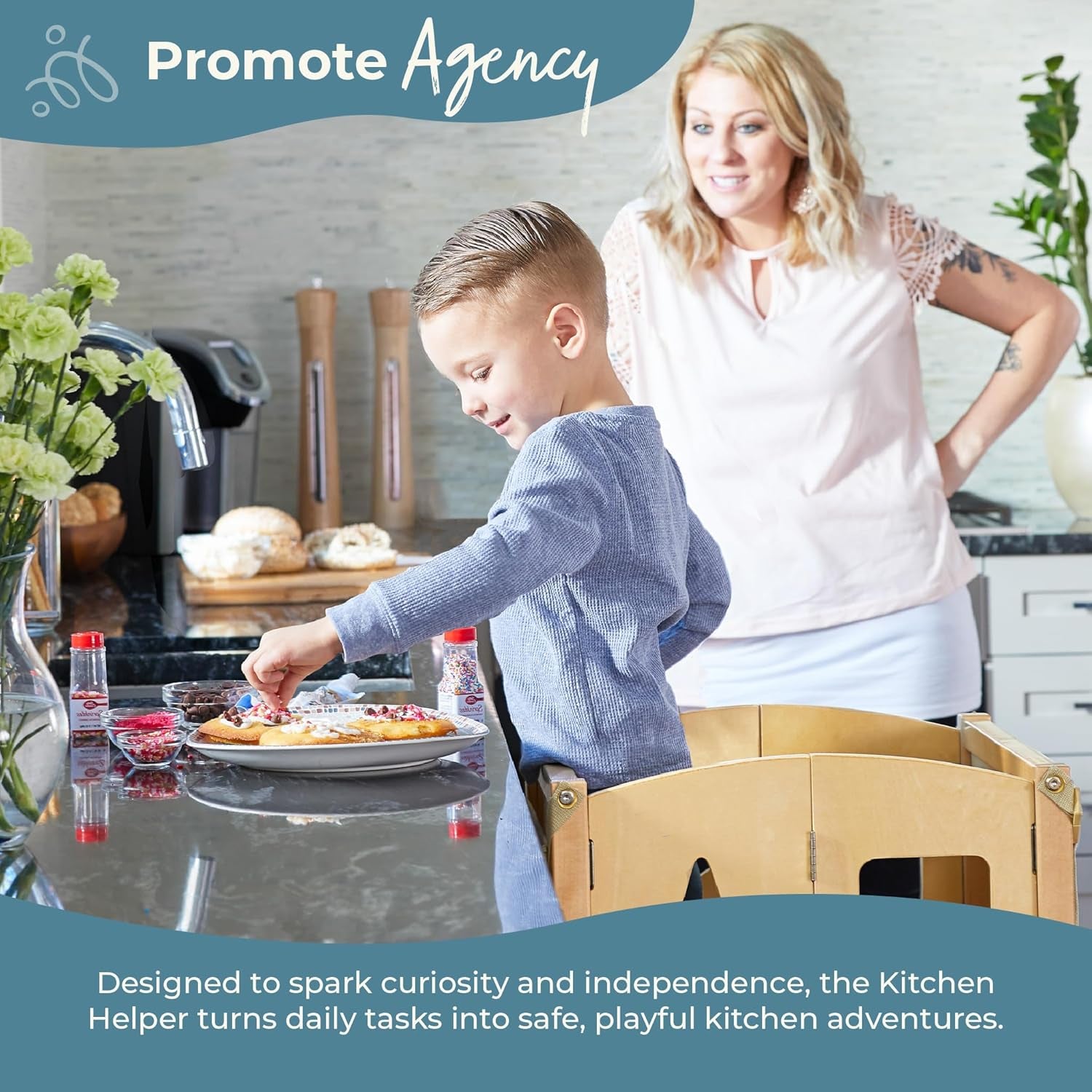 Classic Kitchen Helper® Toddler Tower - Gray: Folding, Adjustable Height, Learning Step Stool for Kids, W/Chalkboard | Montessori Collapsible Safety Non-Slip Platform