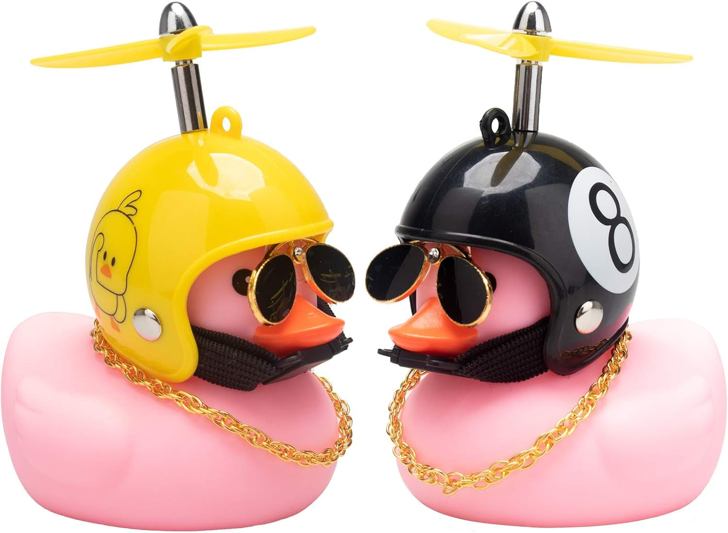 Pink Duck Car Dashboard Decorations Rubber Duck Car Ornaments Cool Duck with Propeller Helmet Sunglasses Gold Chain