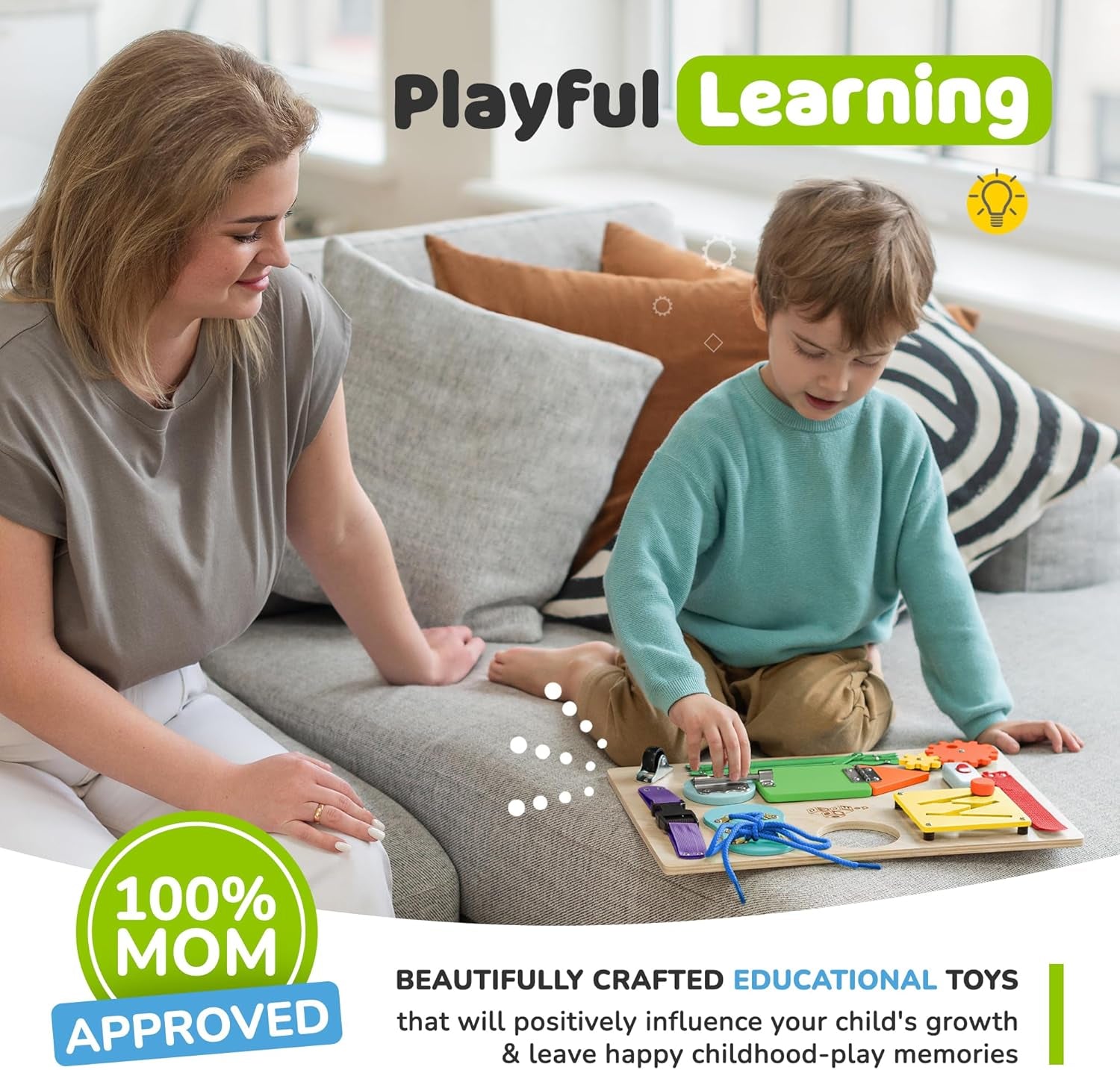 Sensory Busy Board for Toddlers, Premium Wooden Toddler Busy Board for 1 2 3 Year Old with 10 Educational Activities for Fine Motor Skills, Fidget Activity Toy for Travel