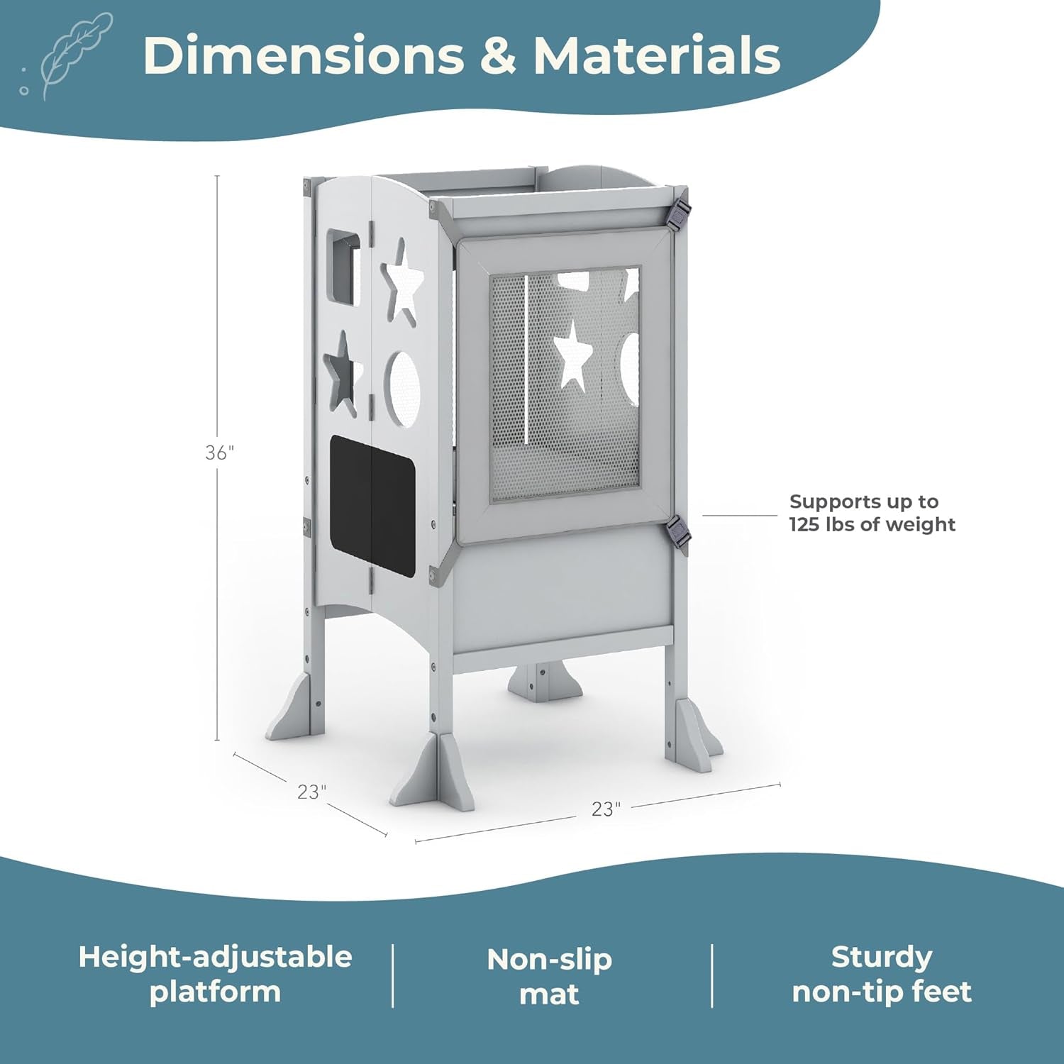 Classic Kitchen Helper® Toddler Tower - Gray: Folding, Adjustable Height, Learning Step Stool for Kids, W/Chalkboard | Montessori Collapsible Safety Non-Slip Platform