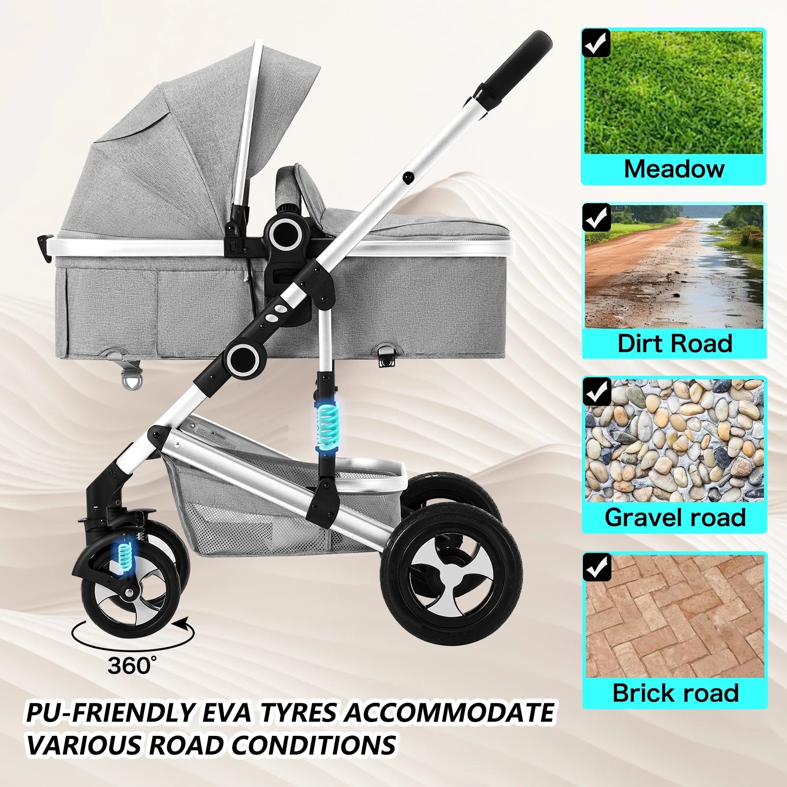 3-In-1 Convertible Baby Stroller with Big Seat and Adjustable Canopy, 24 Pound, Light Grey