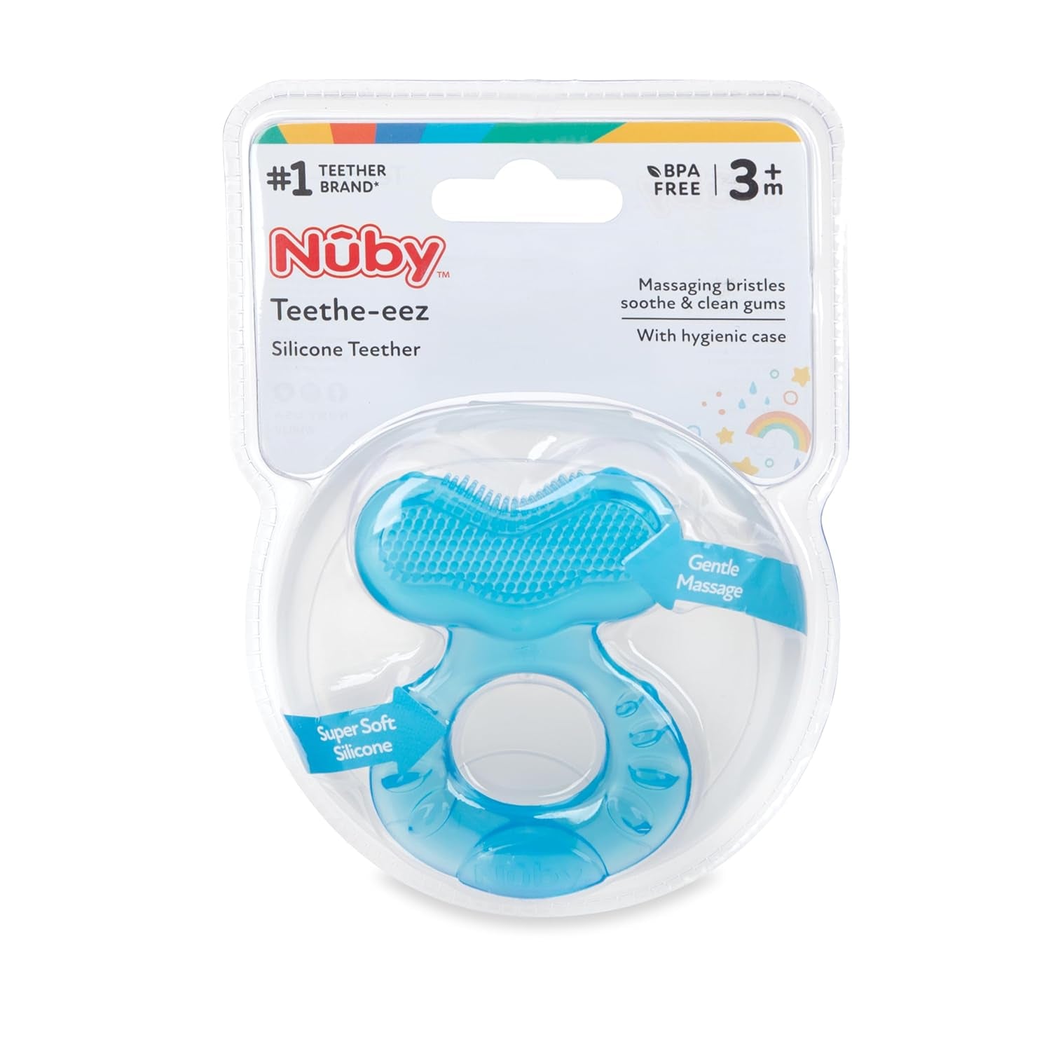 Silicone Teethe-Eez Teether with Bristles, Includes Hygienic Case, Blue