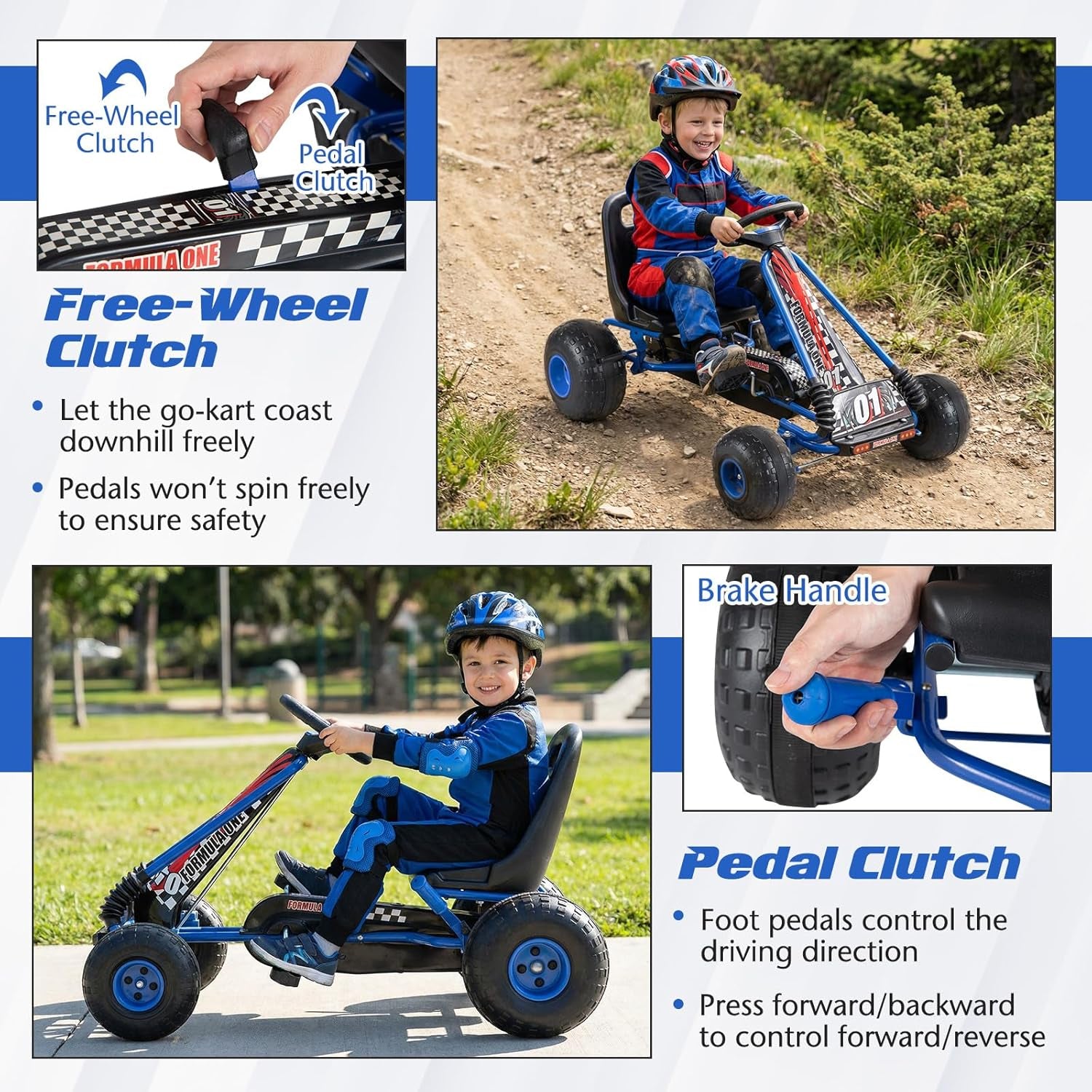 Pedal Go Kart, 4 Wheeler Toddler Racing Ride on Pedal Car Toy, Forward/Backward, Ergonomic Seat, Handbrake, Steering Wheel, Outdoor Off-Road Go Cart for Kids, Boys Girls Gift (Blue)