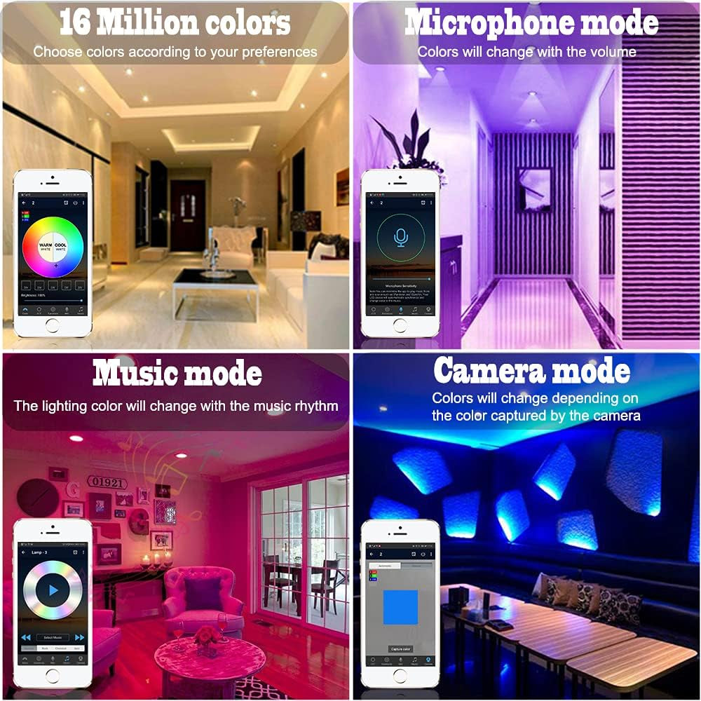 4 Inch LED Recessed Pot Lights, RGBWC 9W Bluetooth App Control LED Smart Downlights with Remote Controller, 120VAC, 700LM, RGB + 2700K-6000K Dimmable Multicolor Ceiling Lights, 4 Packs
