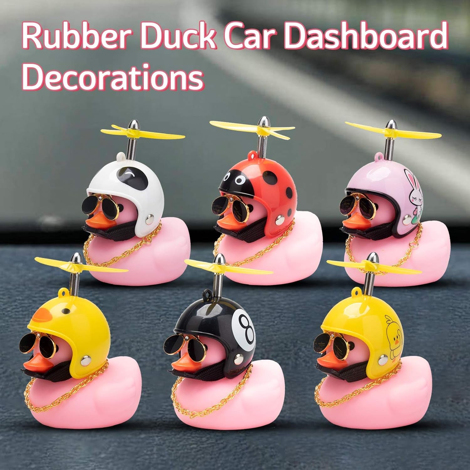 Pink Duck Car Dashboard Decorations Rubber Duck Car Ornaments Cool Duck with Propeller Helmet Sunglasses Gold Chain
