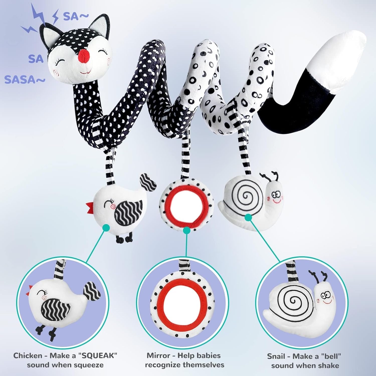 Baby Spiral Plush Toys, Black and White Baby Car Seat Toys, High Contrast Infant Newborn Toy 0-6 Months for Stroller Crib Mobile, Sensory Toy Best Gift for 0 3 6 9 12 Months Boys Girls