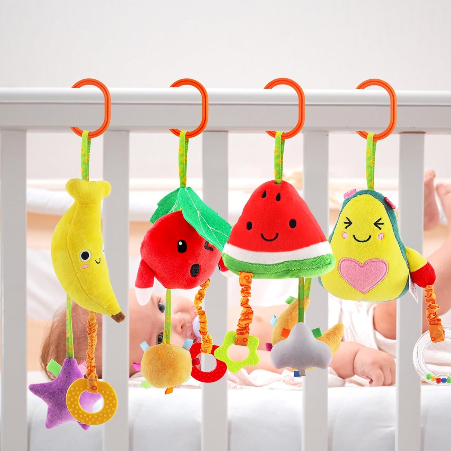 Baby Hanging Toys, 4 Pack Carseat Toys,Early Baby Cognitive Sensory Soft Hanging Toy for Crib Stroller Gym Mobile Plush Toy,Suitable for Babies 0-12 Months,Fruit