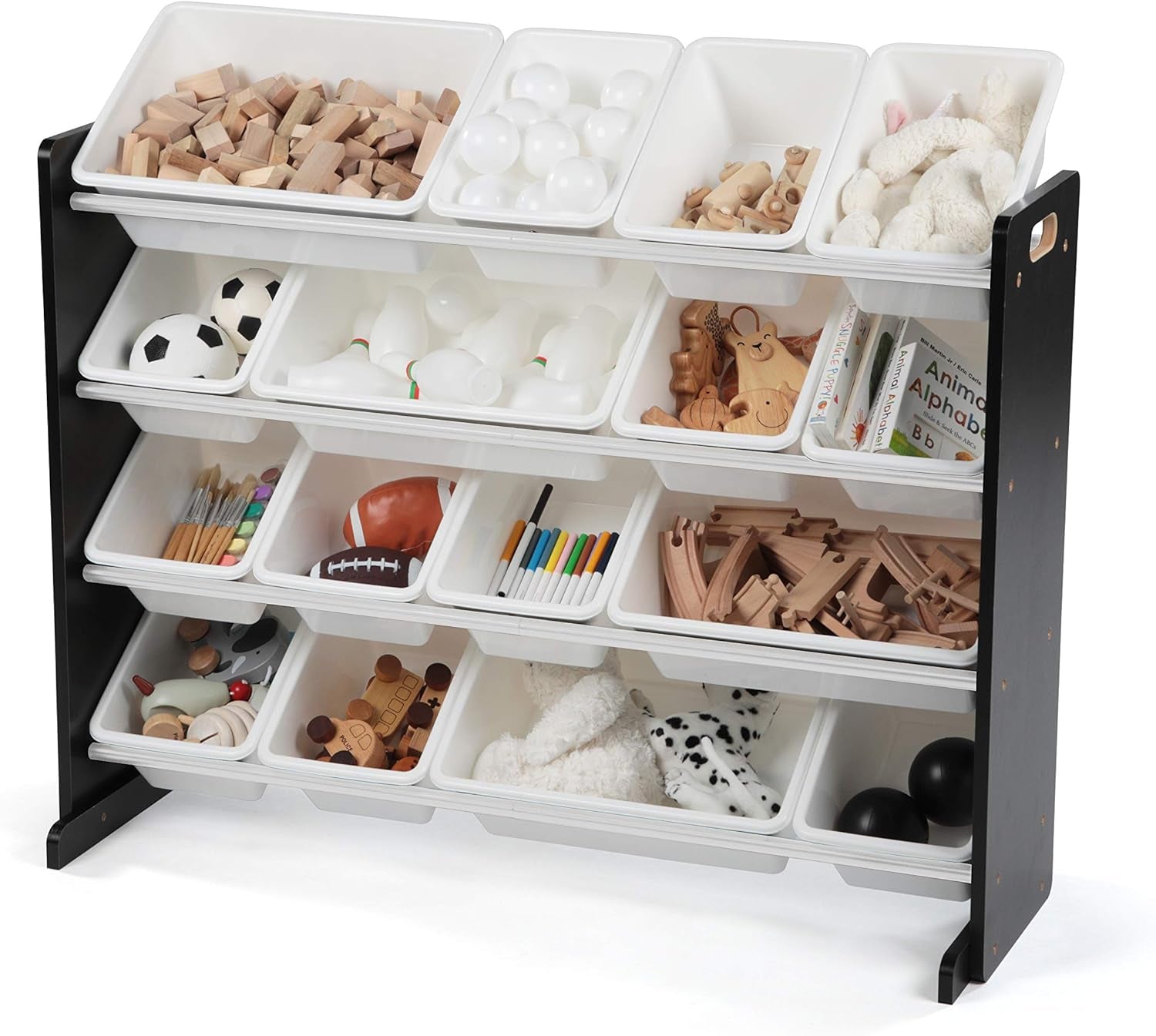 Supersized Toy Storage Organizer with 16 Removable Bins, Black/White – Large Toy Storage for Toddlers Ideal for Kids' Rooms, Playrooms, and Nurseries - Modern Toy Bins for Kids