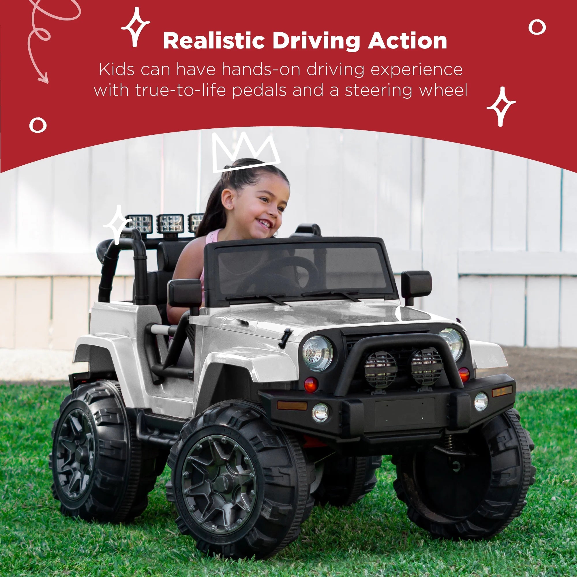 Jumbo 12V Kids Electric Ride on Car with Parent Remote, Seat Harness, 65 Lb Capacity - White