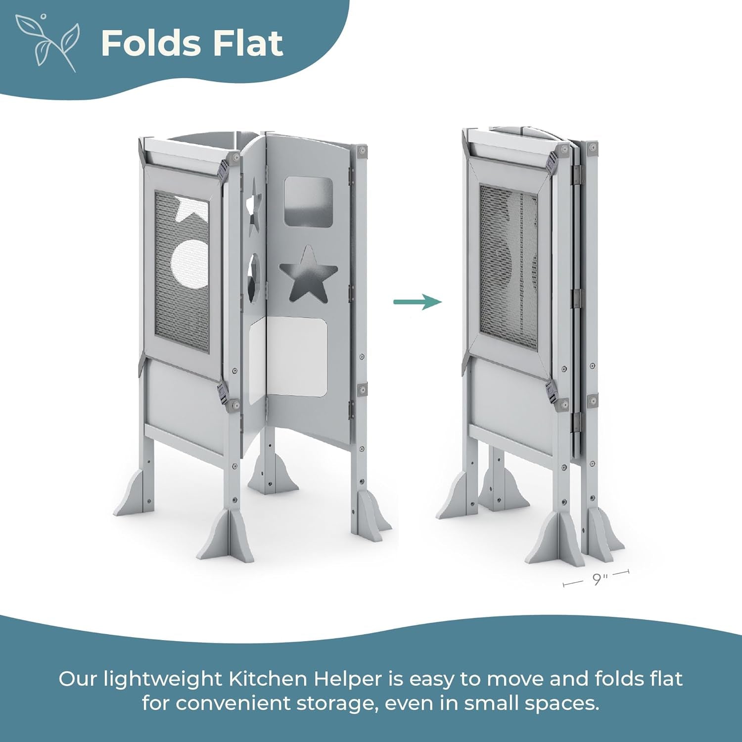 Classic Kitchen Helper® Toddler Tower - Gray: Folding, Adjustable Height, Learning Step Stool for Kids, W/Chalkboard | Montessori Collapsible Safety Non-Slip Platform