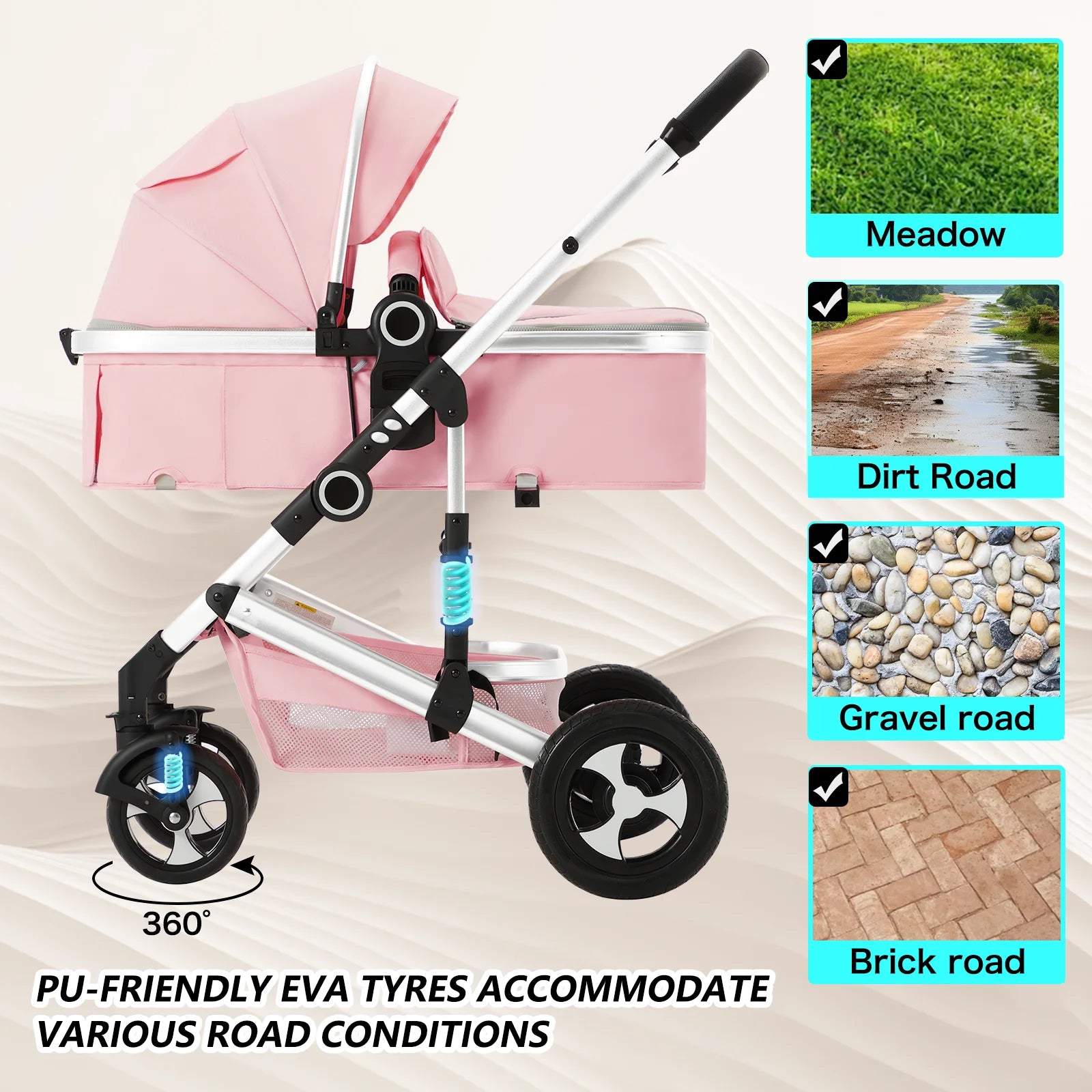 3-In-1 Convertible Baby Stroller with Big Seat and Adjustable Canopy, 24 Pound, Pink