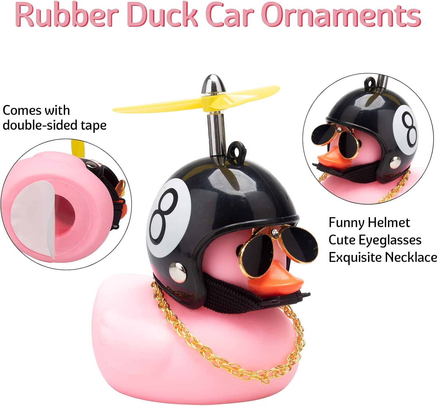 Pink Duck Car Dashboard Decorations Rubber Duck Car Ornaments Cool Duck with Propeller Helmet Sunglasses Gold Chain