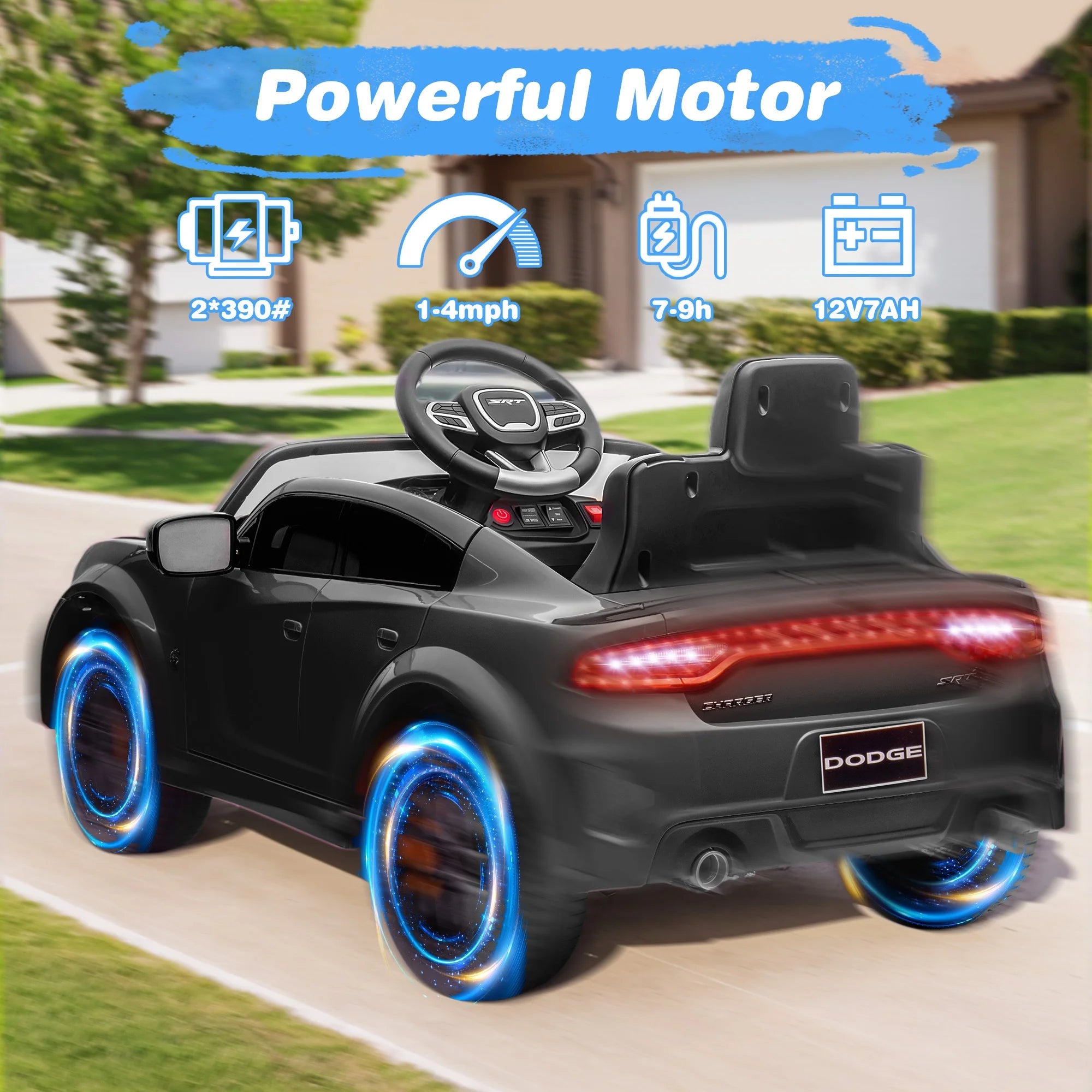 Dodge Electric Ride on Cars for Kids, 12V Licensed Dodge Charger Srt Hellcat Powered Ride on Toy with Parent Remote Control, Electric Car for Boy 3-5 W/Music Player/Led Light/Safety Belt, Black