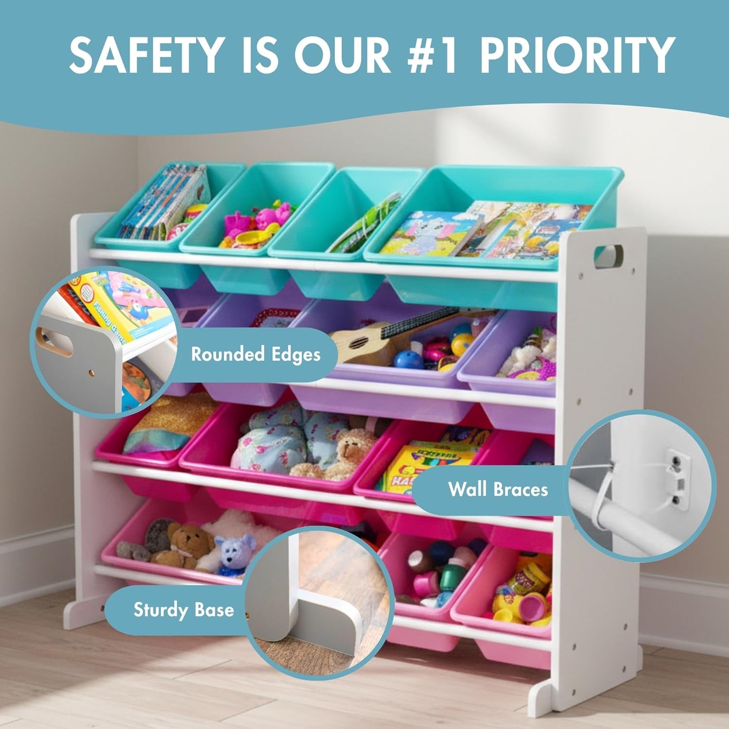 Toy Storage Organizer with 16 Removable Storage Bins for Kids Playroom, 4-Tier Toddler Toy Organization and Storage, White/Blue/Pink/Purple