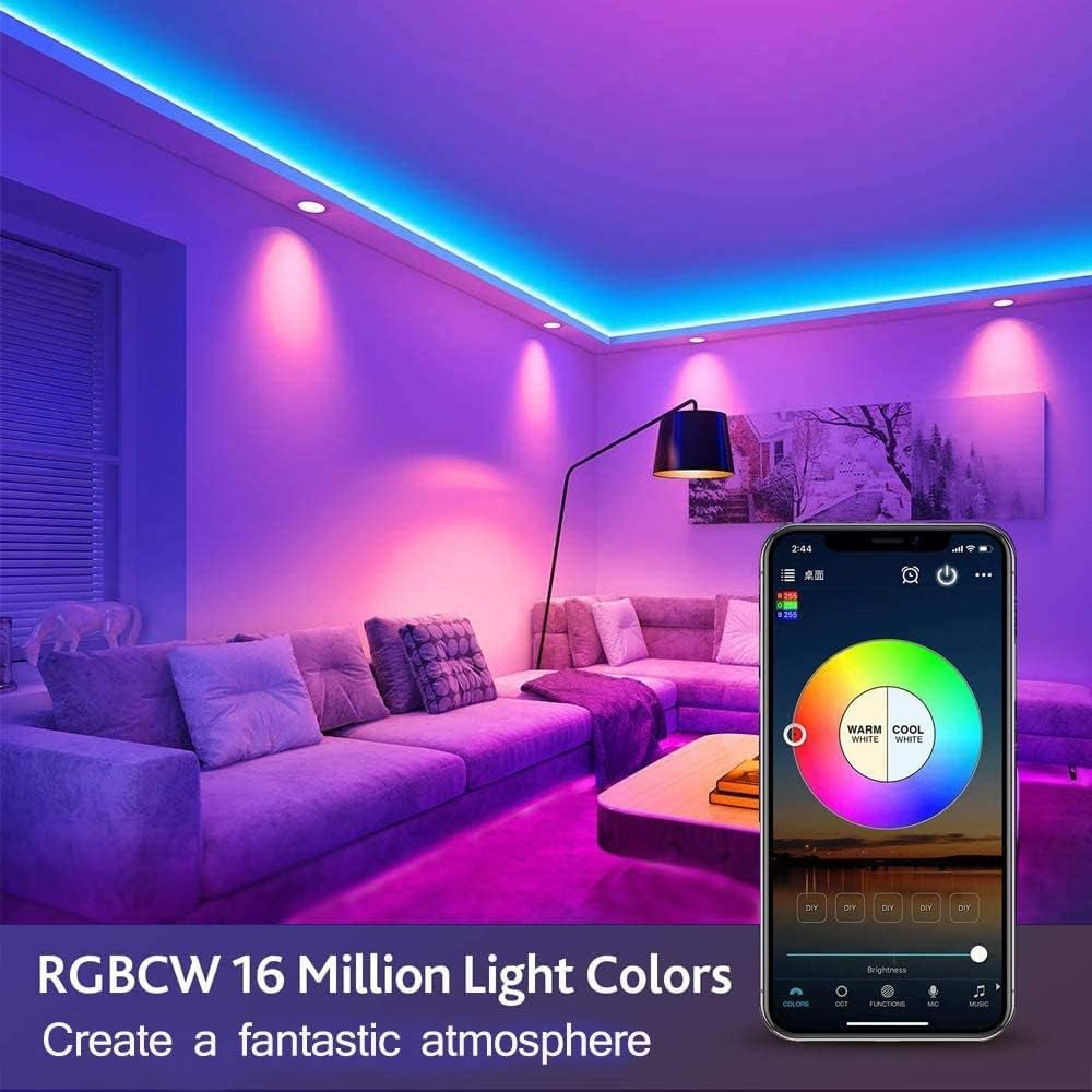 4 Inch LED Recessed Pot Lights, RGBWC 9W Bluetooth App Control LED Smart Downlights with Remote Controller, 120VAC, 700LM, RGB + 2700K-6000K Dimmable Multicolor Ceiling Lights, 4 Packs